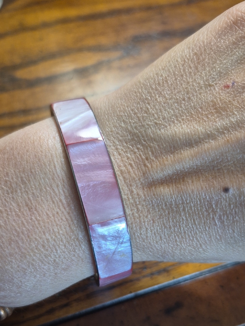Vintage Pink White Rose Mother Of Pearl Stainless Steel 8” Bangle Bracelet